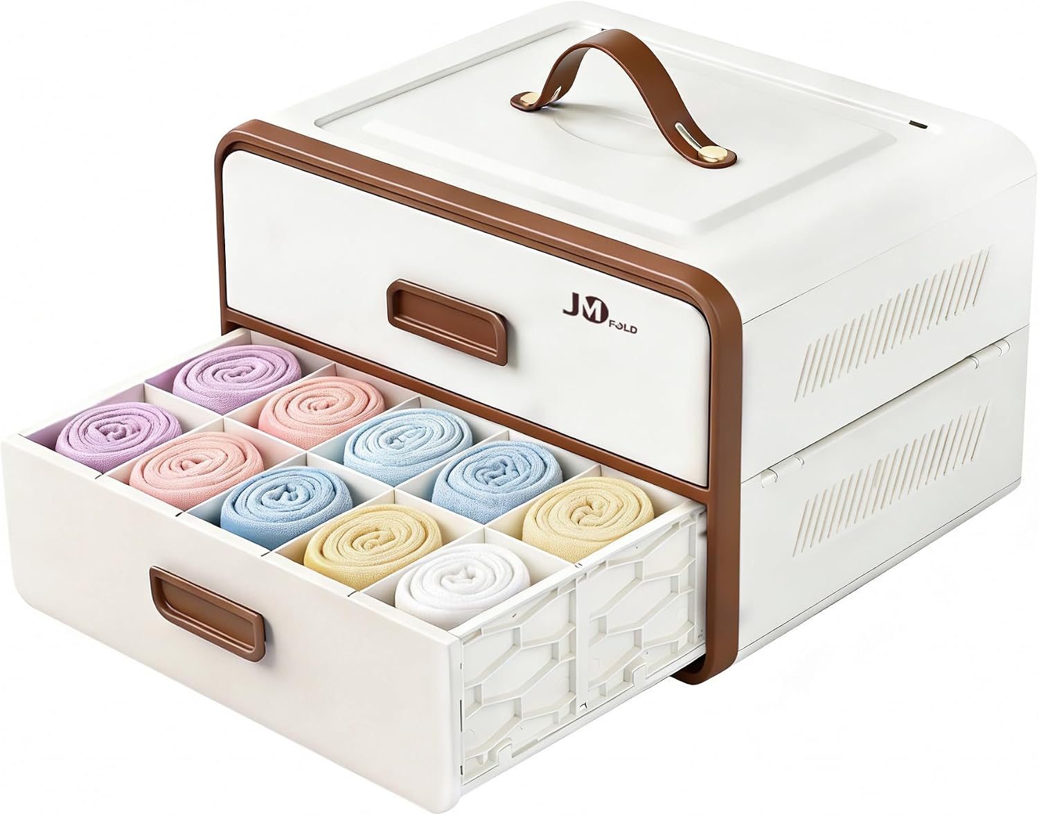 Collapsible & Stackable Drawer Organizer with Dividers - Portable Foldable Storage Bin for Laundry, Cosmetics, Underwear & Socks, DIY Adjustable Sections, （Beige）