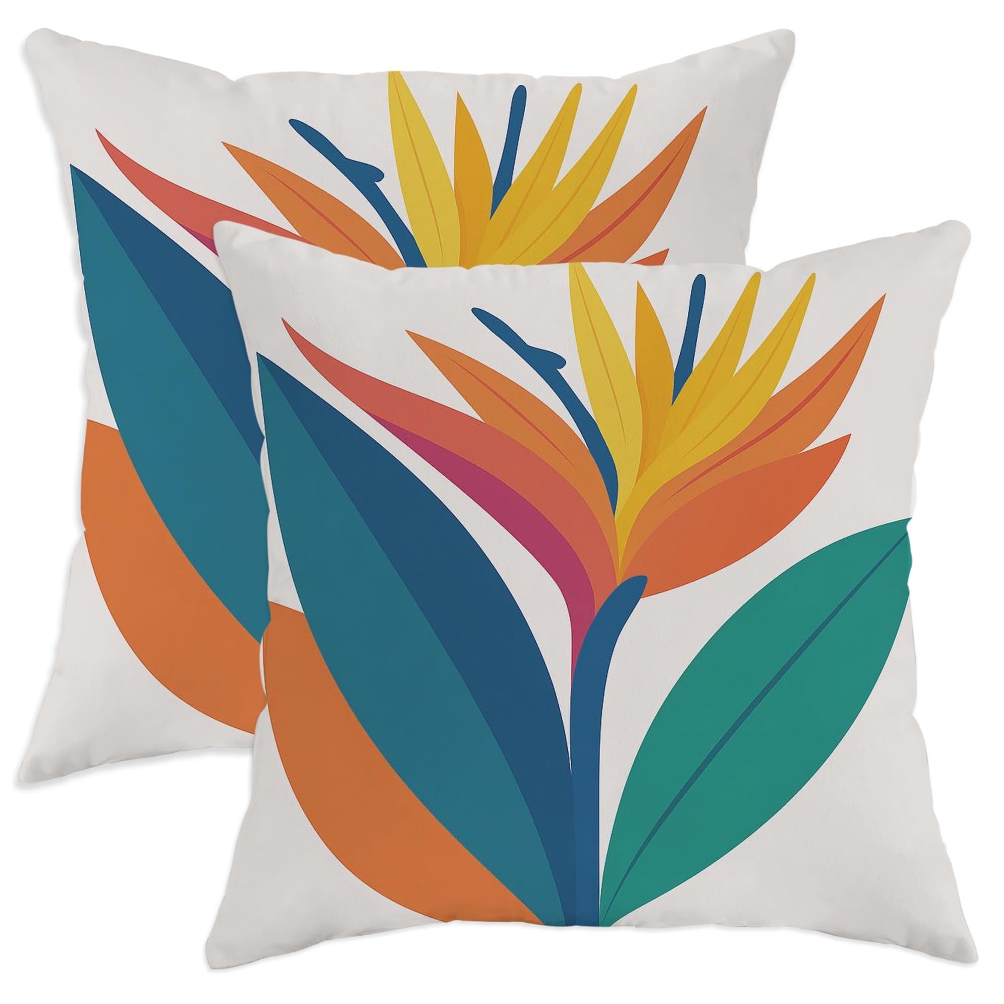 Tropical Floral Throw Pillow Covers Set of 2, Bright Multi-Color Bird of Paradise Design, Summer Decorative Square Cushion Covers for Home Sofa Bed Couch 18x18 Inch