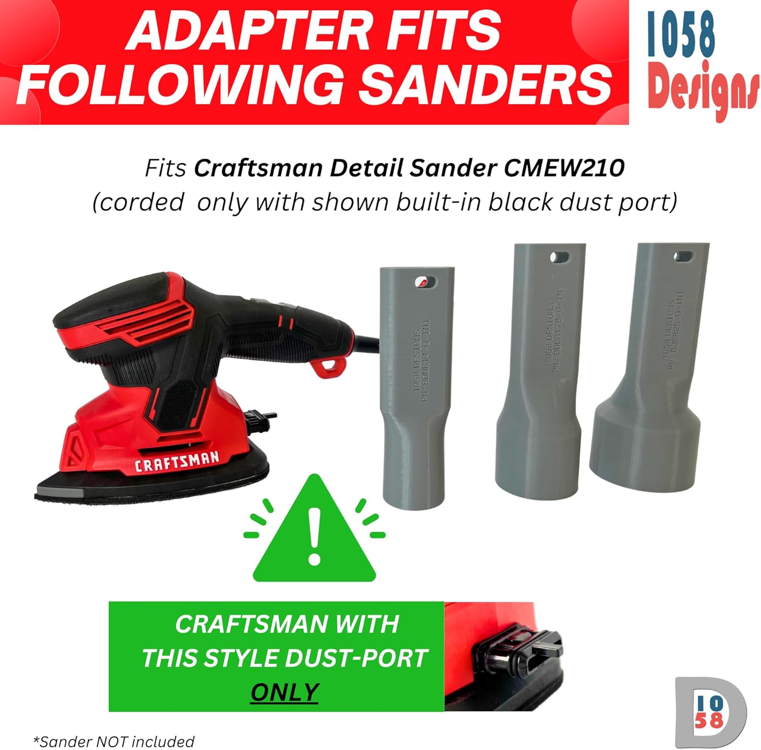 Sander Vacuum Adapter for CRAFTSMAN Detail Sander CMEW210 - Shop Vac Attachment for Dust Collection Reducer by 1058Designs (2-1/2")