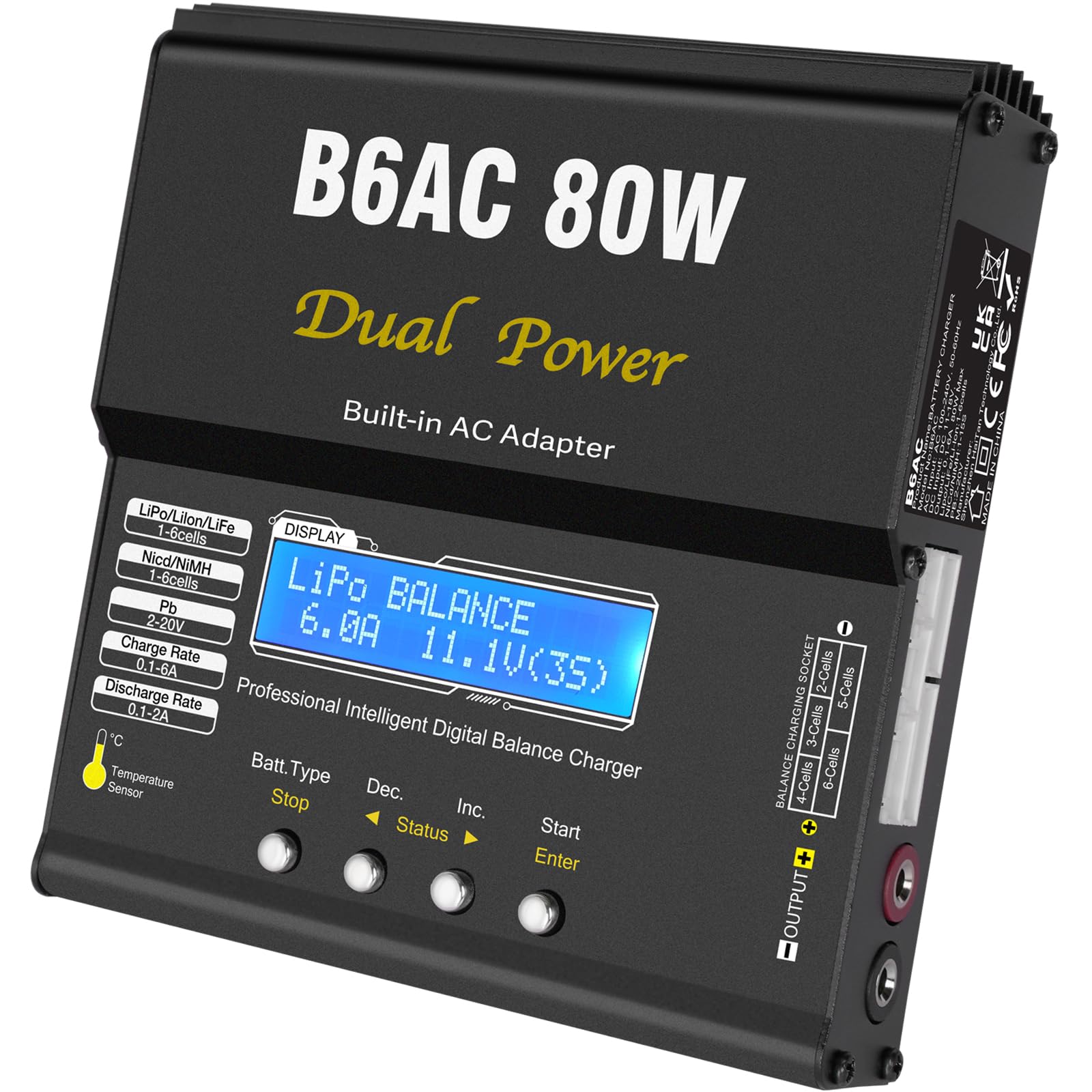 HTRC Chargeur Batterie LiPo, 80W 6A Chargeur LiPo RC pour Batteries LiPo/Li-ION/Life (1-6 Cellules), NiMH/NiCd (1-15 Cellules) et PB (2-20V), équipé de Connecteurs XT60/Prise T/Tamiya/Pince Crocodile