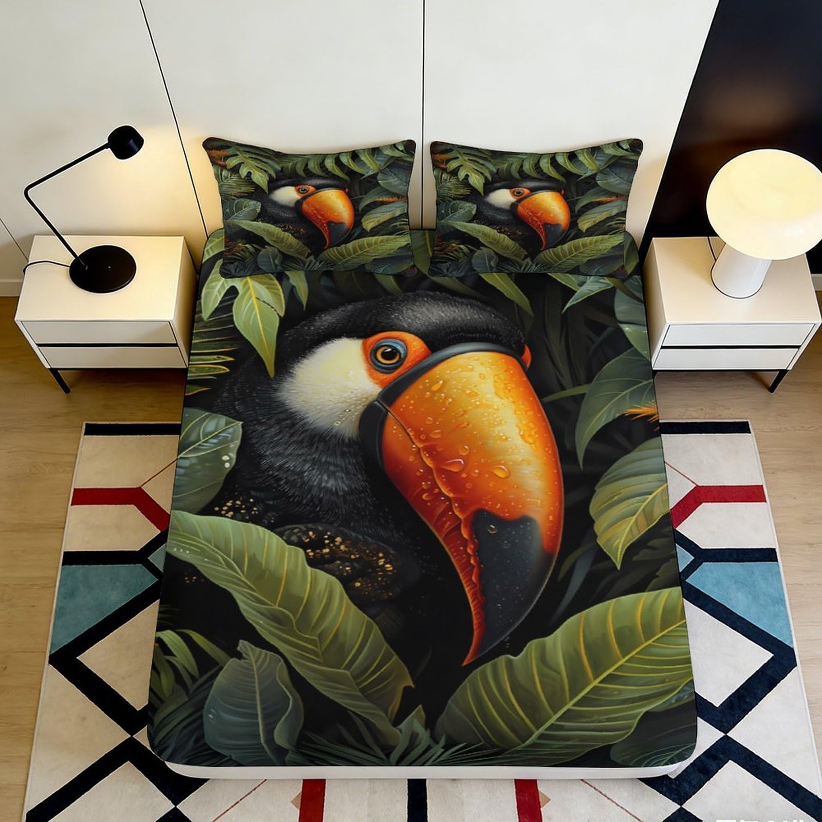 3D Printed Tropical Toucan Fitted Sheet Microfiber Soft Breathable Jungle Leaves Mattress Cover Bedroom Decor 90x200x25cm