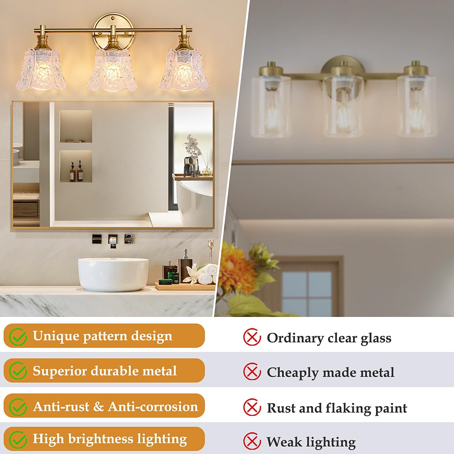 Gefolly Bathroom Light Fixtures, 3-Light Vanity Lights Over Mirror with Personalized Glass Shade, Wall Decor Lamp for Bedroom Hallway Living Room, Gold