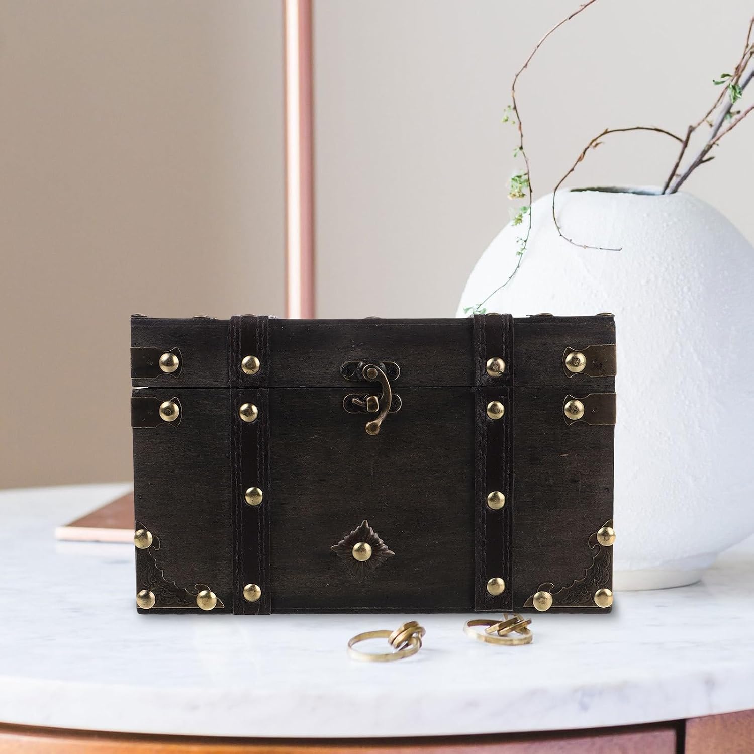 Wooden Treasure Chest Jewelry Box with Lock, Vintage Storage Organizer