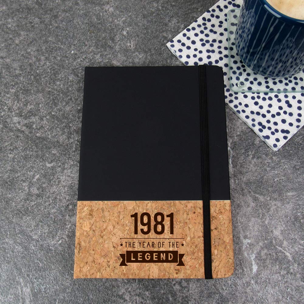 eBuyGB Notepad Engraved Black A5 Notebook-1981 Year of The Legend Design-40th Birthday, Men-Fortieth Gift for Dad, Uncle, Brother, Cork