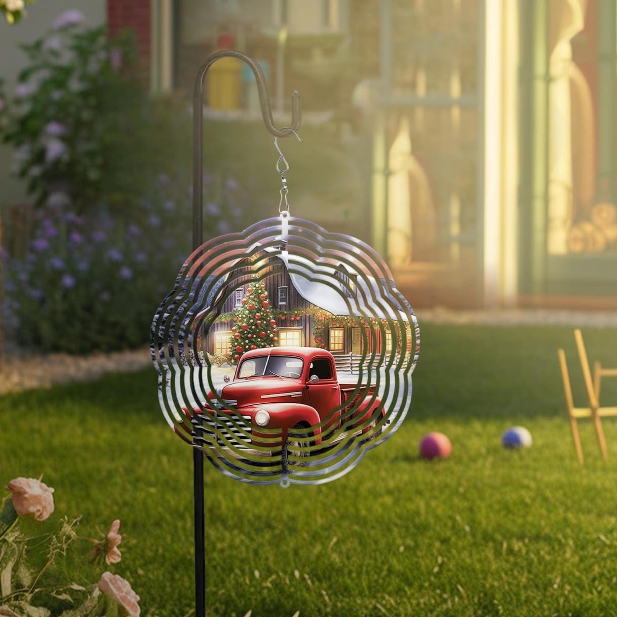 Winter Red Truck Farmhouse Christmas Wind Spinners 3D Stainless Steel Laser Cut Metal Double Sided Printing-Hanging Indoor/Outdoor Decorations Yard Gardening Decor,Metal Kinetic Art 16x16 inches