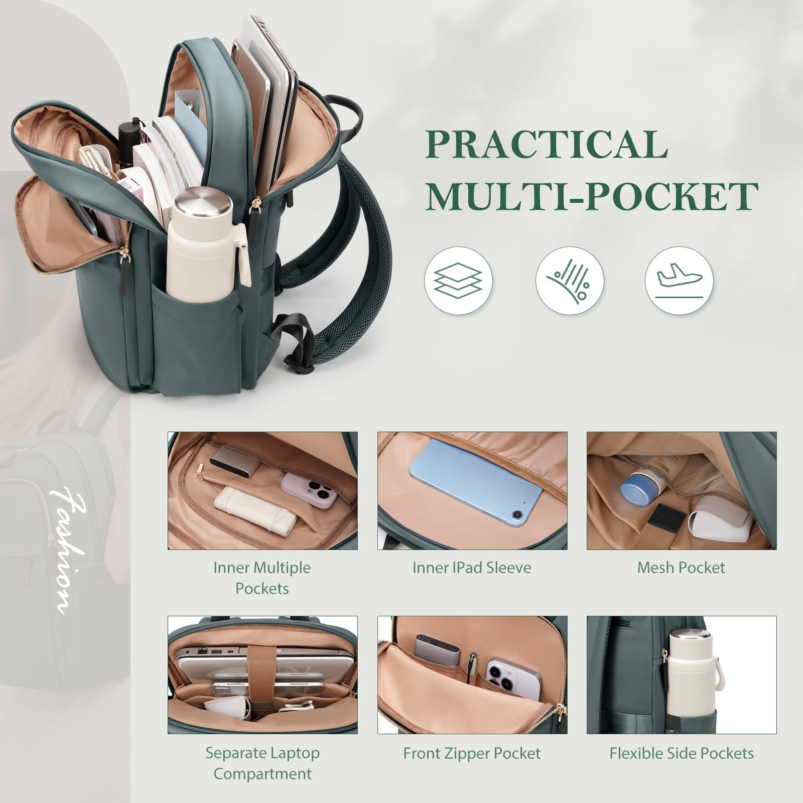 Mochila Para Ordenador Portátil Mujer, Grande Hombre Bolsa de Viaje, Laptop Backpack para Trabajo, Mochila Multicapa para Artículos Personales, 16 Pulgadas,Verde oscuro