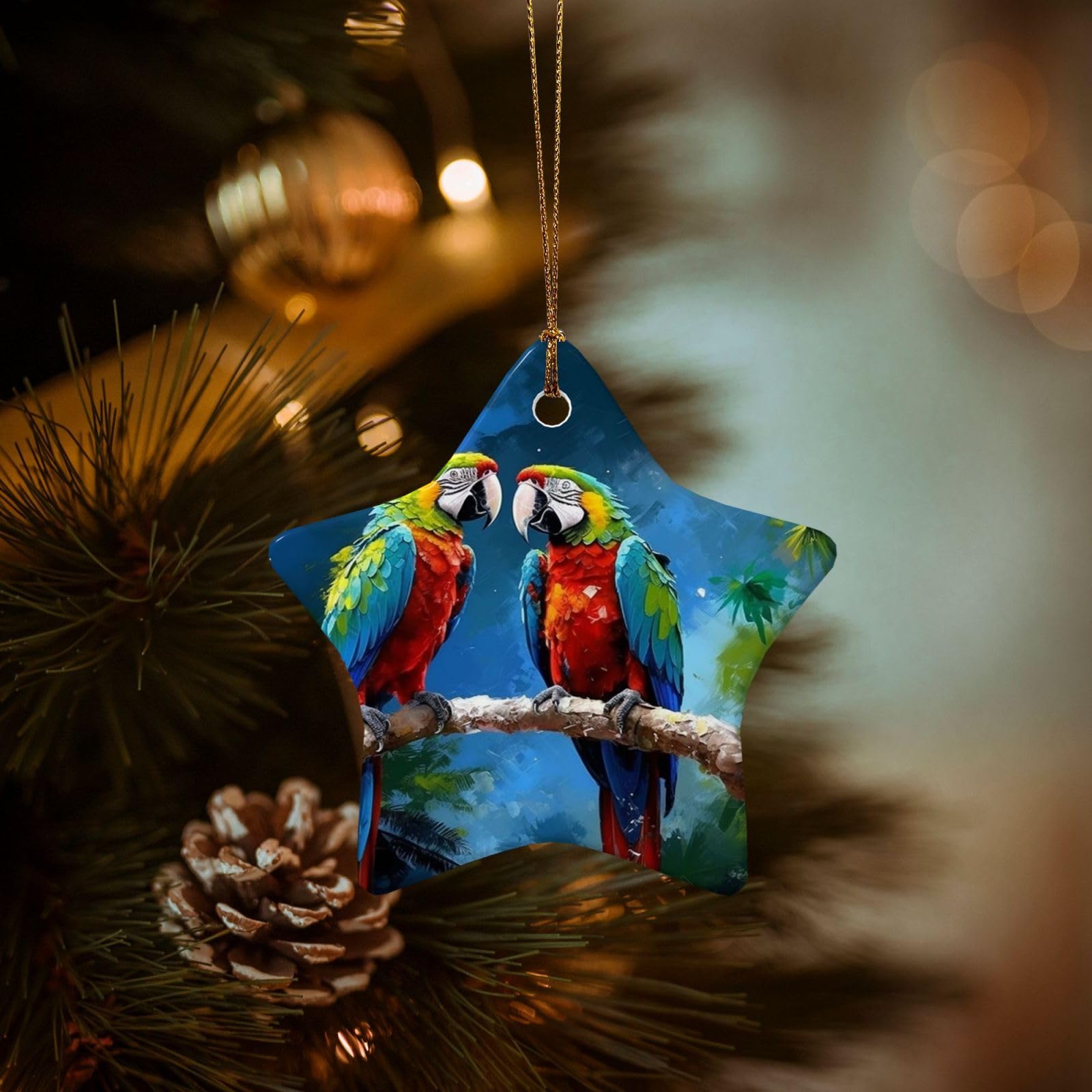 Christmas Ornaments for Christmas Tree Decoration Hanging Parrots Ornament with Gold Ribbon Crafts Star Shape Ceramic Pendant for Keepsake Gifts Xmas Decor Party Supplies