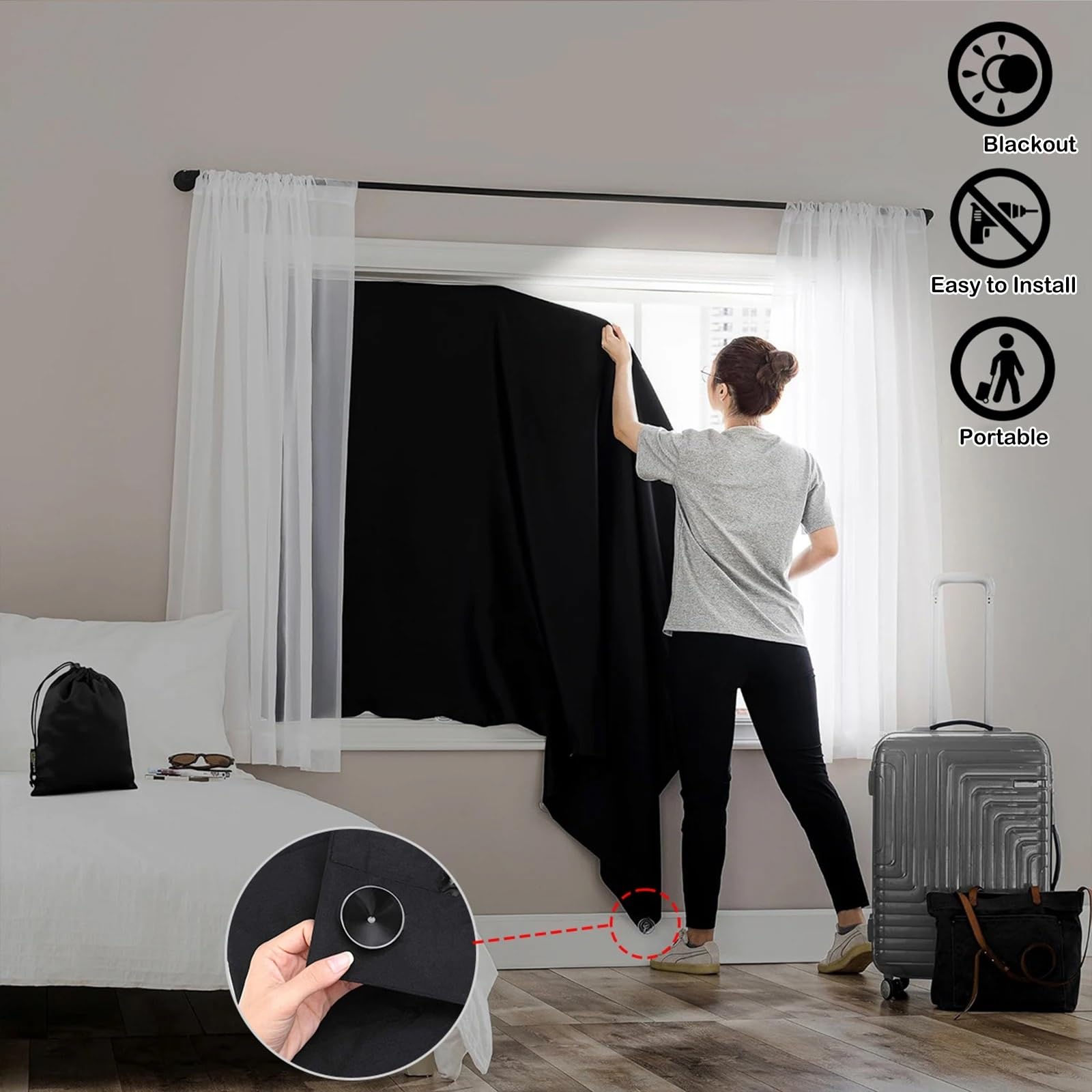 Verdunklungsrollo ohne Bohren Verdunkelungsvorhang for Fenster, mit Saugnäpfen, tragbar, abnehmbar, for Wohnzimmer, Schlafzimmer Verdunklungsrollo(Beige)