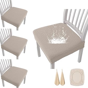 Waterproof Jacquard Chair Covers, Stretch Jacquard Removable Waterproof Dining Room Chairs Cover, Chair Seat Slipcovers Protector for Kitchen, Hotel Ceremony Banquet Wedding Party Sand color 4pcs
