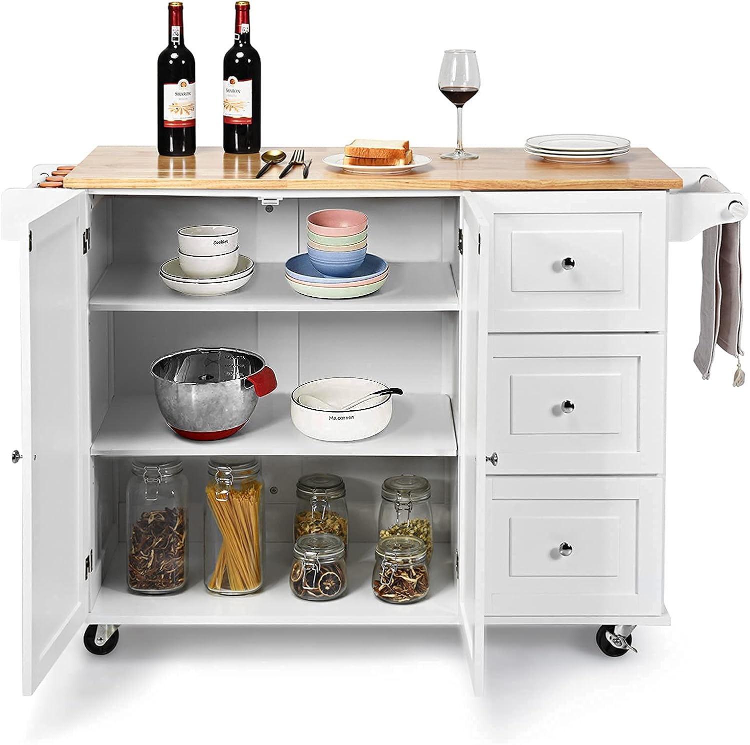 Kitchen Cart on Wheels with 3 Drawers & 3 Adjustable Compartments Foldable Kitchen Island with Spice Rack & Towel Holder White 136x76x91CM