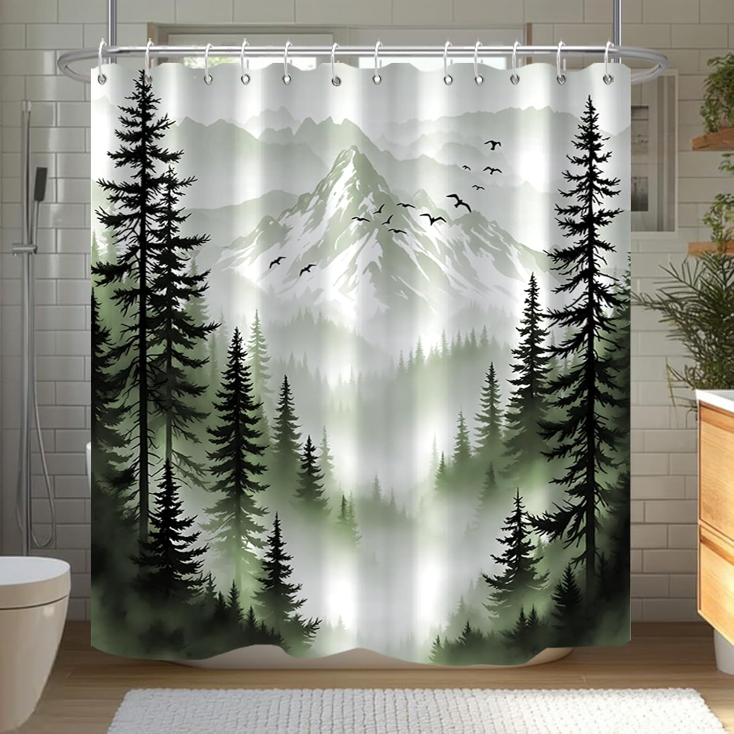 Green Forest Pine Shower Curtain Mountain Birds Misty Scenery Shower Curtain Waterproof Fabric for Bathroom Decor 72x78 inch