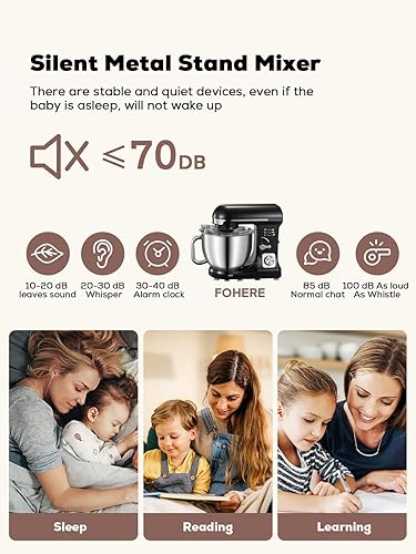 Miniatura 6 de Fohere, con gancho doble para masa, batidor de alambre y batidor, mezclador de alimentos de cabeza inclinable de 6+ P, escudo de vertido para cocina