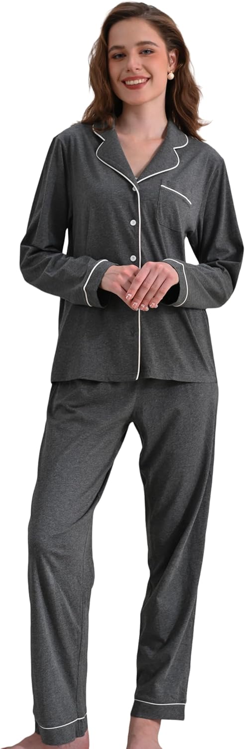 100% Cotton Pajamas for Women Set 2 Piece Soft Long Sleeve PJs Button Down with Breathable Loungewear XS-XXL