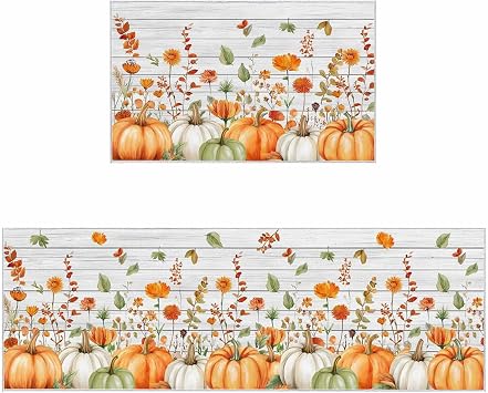 Thanksgiving Orange Pumpkins Kitchen Mats Set of 2 Wildflowers Green Leaves Vintage Wood Grain Non Slip Washable Absorbent Kitchen Rugs for Floor, 15.7" x 23.6"+15.7" x 47.2"