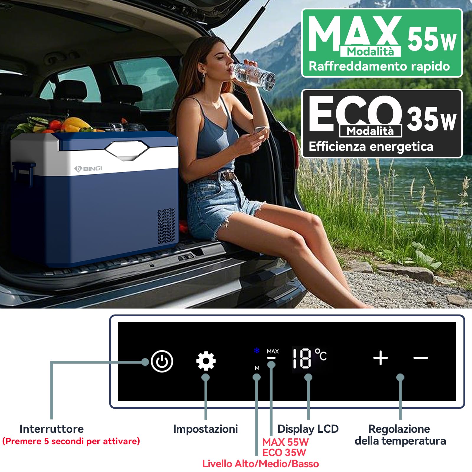 Bingi 30L Frigorifero Portatile Elettrico,Congelatore Portatile per Auto,Mini Frigorifero da Campeggio Frigo Elettrico 12V/24V/220V compressore per RV Camion,Barca,Camper