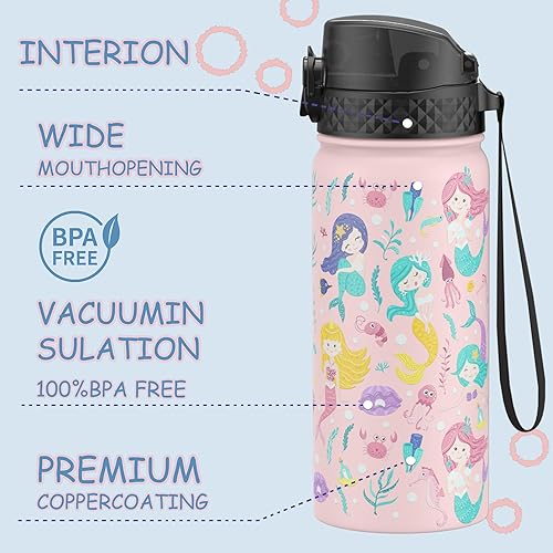 Miniatura 2 de GOPPUS Botella de agua aislada para niños, 18 onzas, sin BPA, botella de viaje de acero inoxidable 188 con popote y doble pared a prueba de fugas al