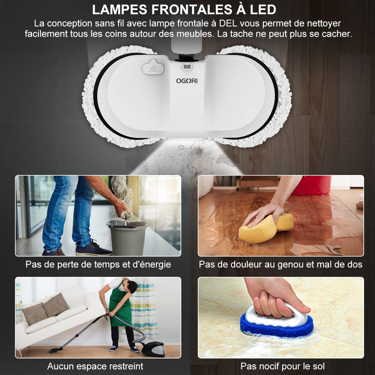 OGORI Electric Mop with LED headlights illuminating the floor