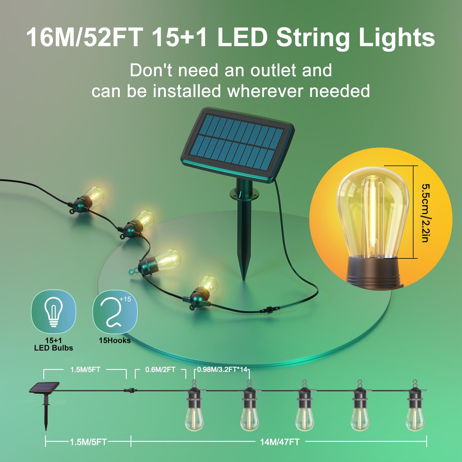Quntis Guirnaldas Luces Exterior Solar con Control Remoto, 16M Regulable Cadena de Luces Exterior con 15+1 Led, IP65 Impermeable 4 Modos y Función de Temporizador para Gazebo Fiesta Terraza