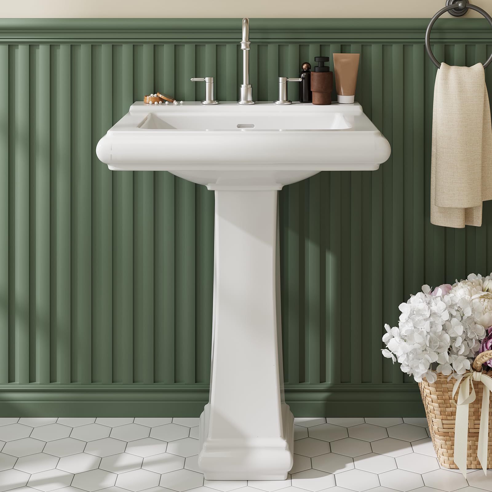 Bathroom Pedestal Sink, 24 Inch Round Ceramic Basin with