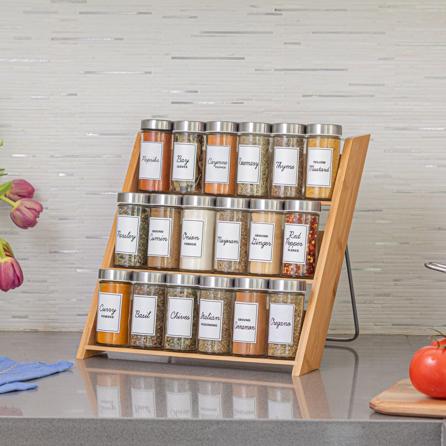 Orii Organiseur à épices compact en bambou pour comptoir et tiroir de cuisine, rempli d'épices, programme de recharge d'épices de 5 ans