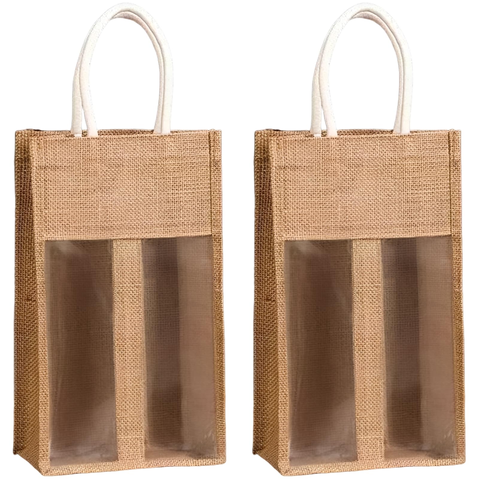 Lot de 2 sacs à vin en toile de jute à 2 compartiments, fenêtre PVC transparente et poignées, sacs réutilisables pour bouteilles de vin et champagne, porte-bouteilles pour mariages, fêtes, voyages