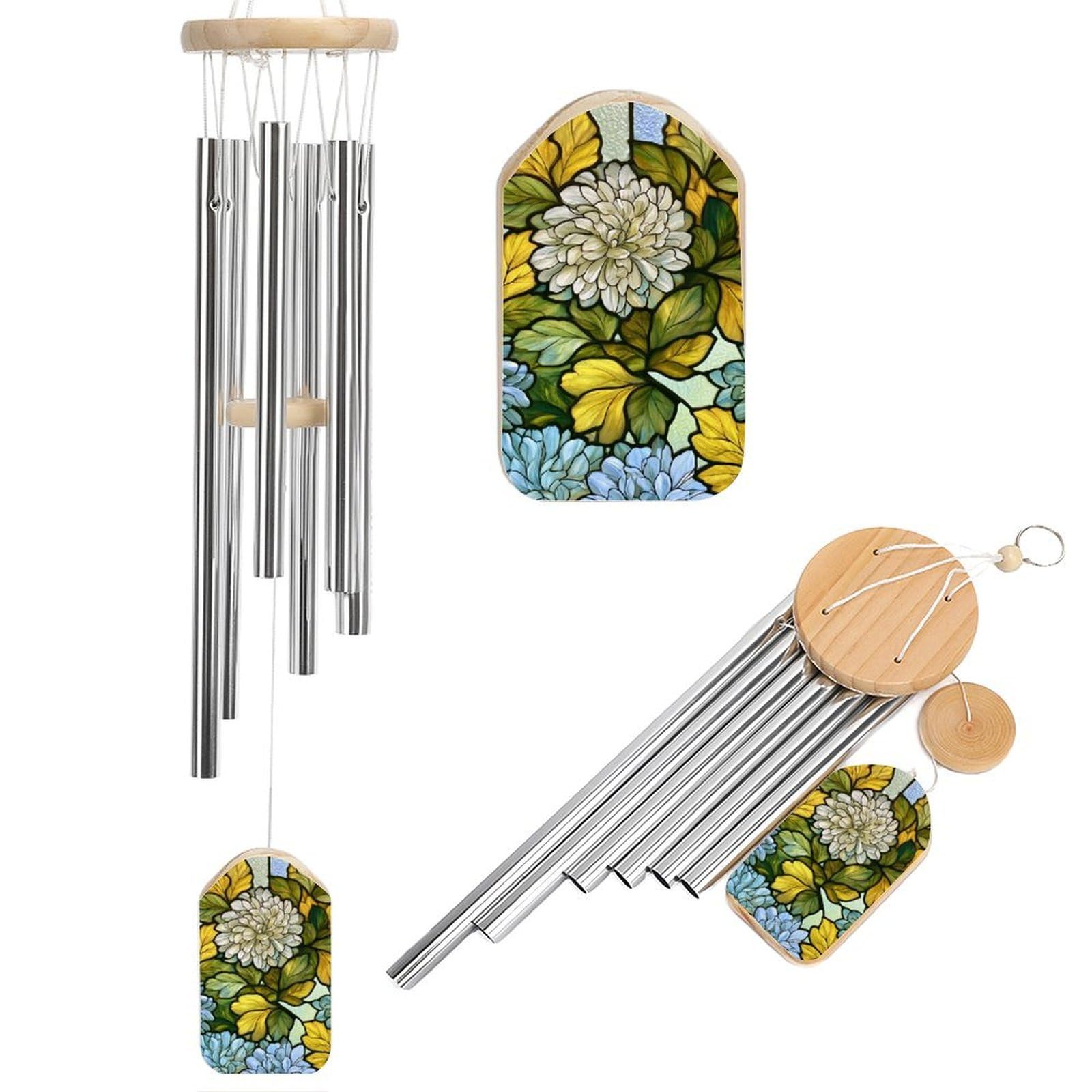 White Pale Blue Chrysanthemum Flower Pattern Wind Chimes Memorial Deep Tone Windchime with 6 Aluminum Tubes Outdoor Backyard Garden Decoration