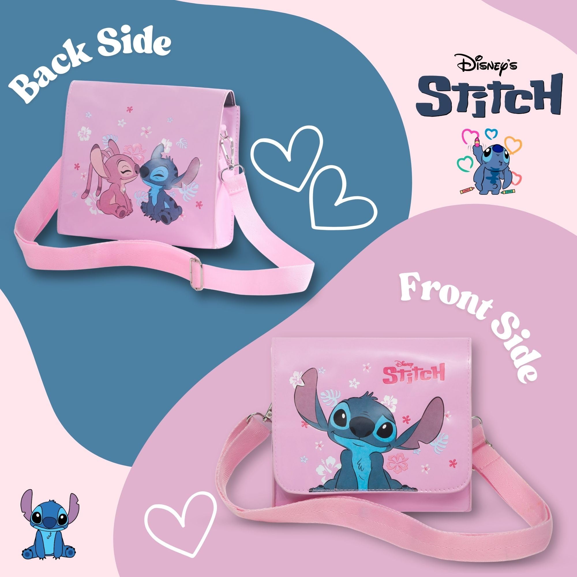 Disney Stitch & Angel Sac à main à bandoulière rose pour filles – Film officiel Lilo & Stitch | Joli sac à bandoulière pour enfants et adolescents | Cadeaux pour filles | Longue bandoulière réglable