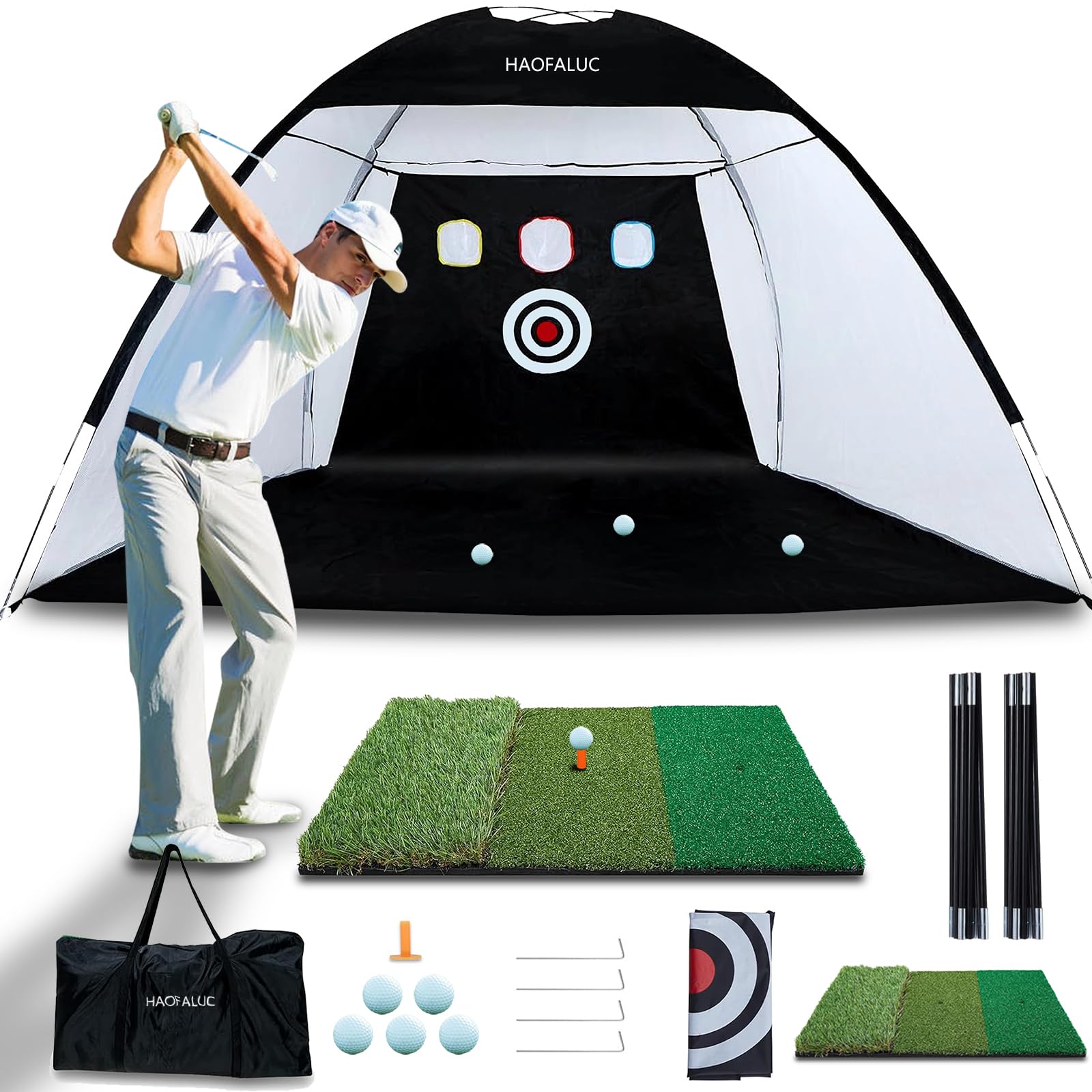 Golf Nets for Backyard Driving Real Golf Balls with Strike Zone Target - 10x7ft Heavy Duty Practice Net, Portable Golf Hitting Net for Outdoor/Indoor Training, Includes Carry Bag,Tri-Turf Hitting Mat