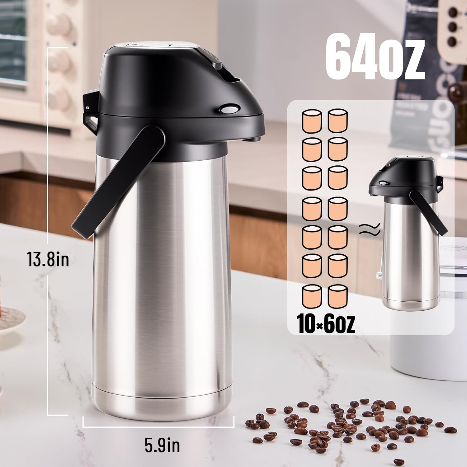 PARACITY Upgraded Airpot Coffee Carafe with Double Pump, Stainless Steel Drink Dispenser for Hot/Cold Beverage with Lazy Susan Base for Hot Cocoa for Parties (Stainless steel color, 64.2 Ounces)