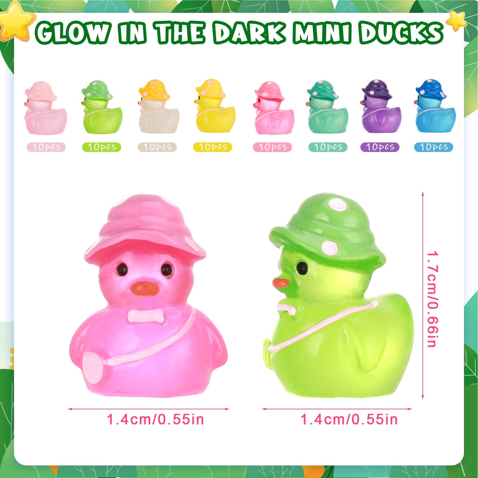 GGSTDDUP 80 Pack Luminous Mini Resin Ducks, Miniature Ducks Figures Wearing Hat, Mini Ducks, Tiny Ducks, Glow in The Dark DIY Crafts Cake Decor for Micro Landscape Dollhouse Garden (8 Colors)