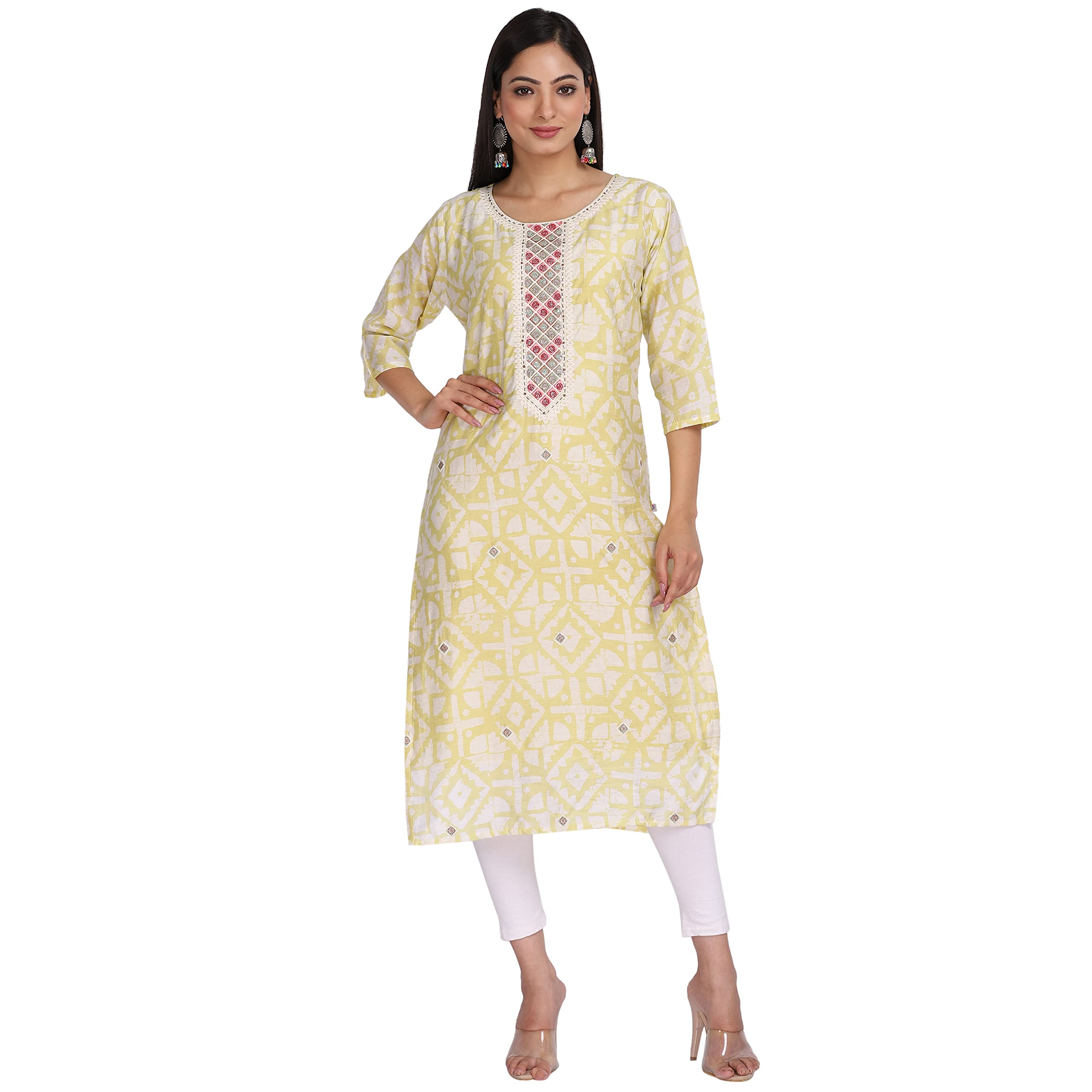 Blissfab Stitched Printed Yellow and White Kurti with Embroidered Round Neck for Women and Girl