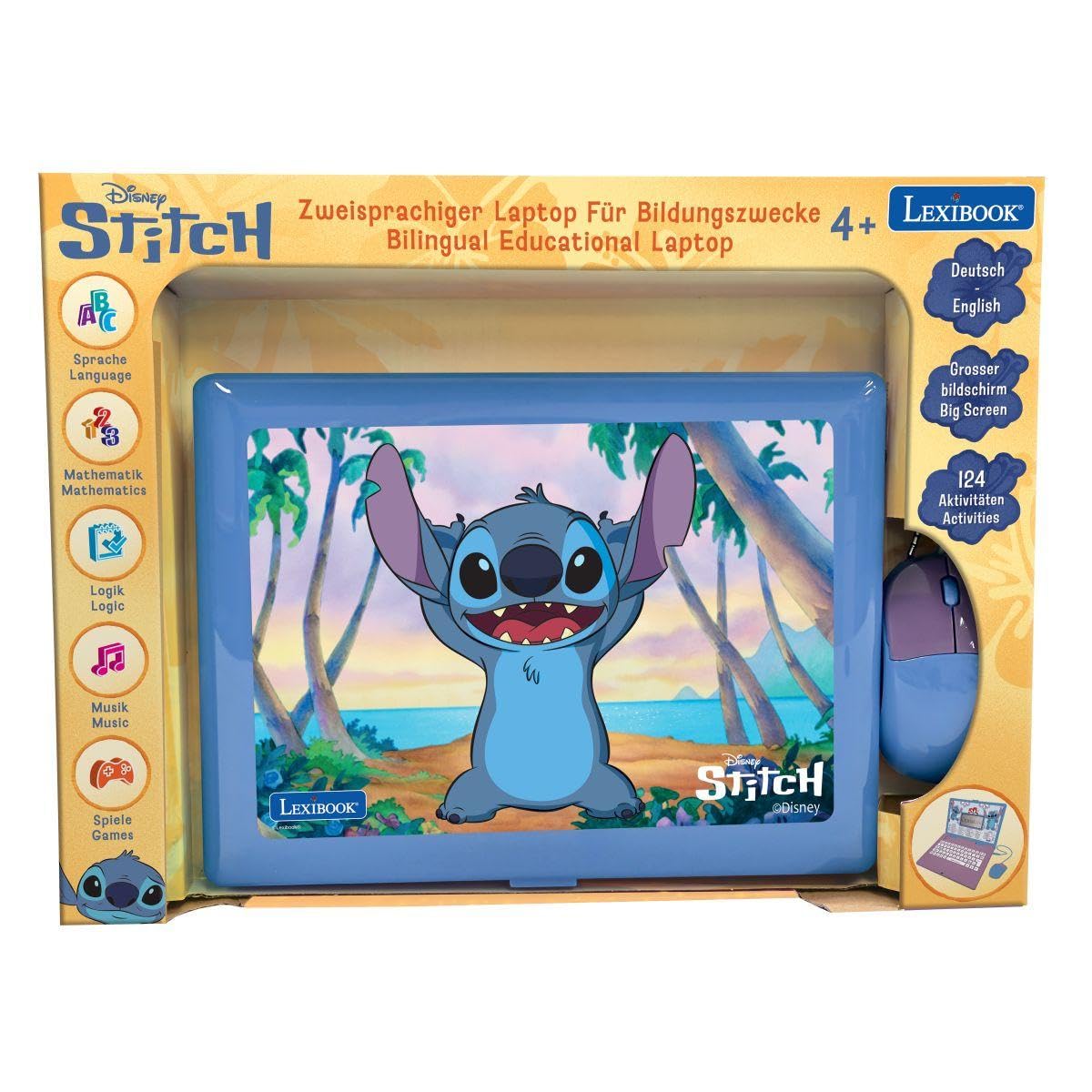 Lexibook, Disney Stitch, dwujęzyczny komputer do nauki w języku niemieckim/angielskim, zabawka dla dzieci z 124 językami, pisaniem, matematyką, logiką, aktywnościami muzycznymi i grami, fioletowy