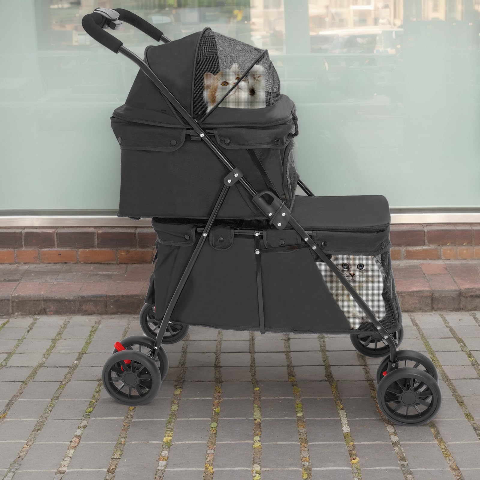 Carrito doble para perros, 2 niveles con ventanas de malla y bolsillos, Oxford y metal, para mascotas de hasta 35 kg, bolsa de transporte plegable, para perros, gatos, mascotas (negro)
