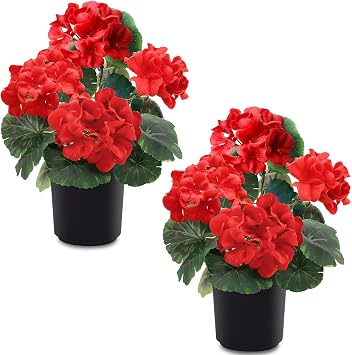 TURNMEON 2 Pack Artificial Geraniums Fake Flowers for Outdoors Summer Decoration, Silk Geraniums Red Flowers UV Resistant Faux Flower Potted Plants for Gardens Farmhouse Indoor Home Table Decor Red