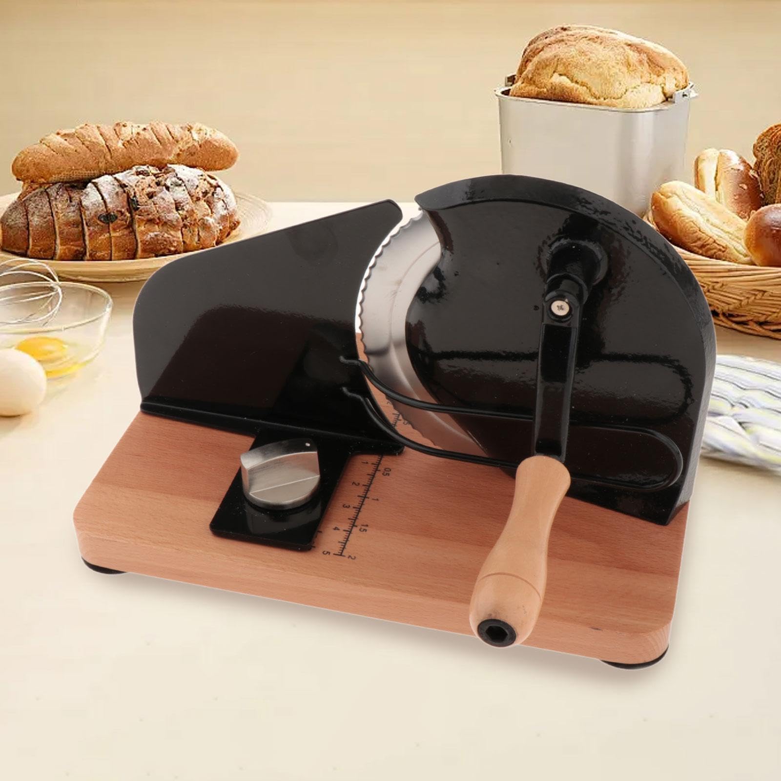 Cortador de Pan Manual Rebanadora Ajustable con Base Antideslizante Escala Incorporada Madera y Acero Inoxidable Adecuado Casero Cocina, Negro, Individual
