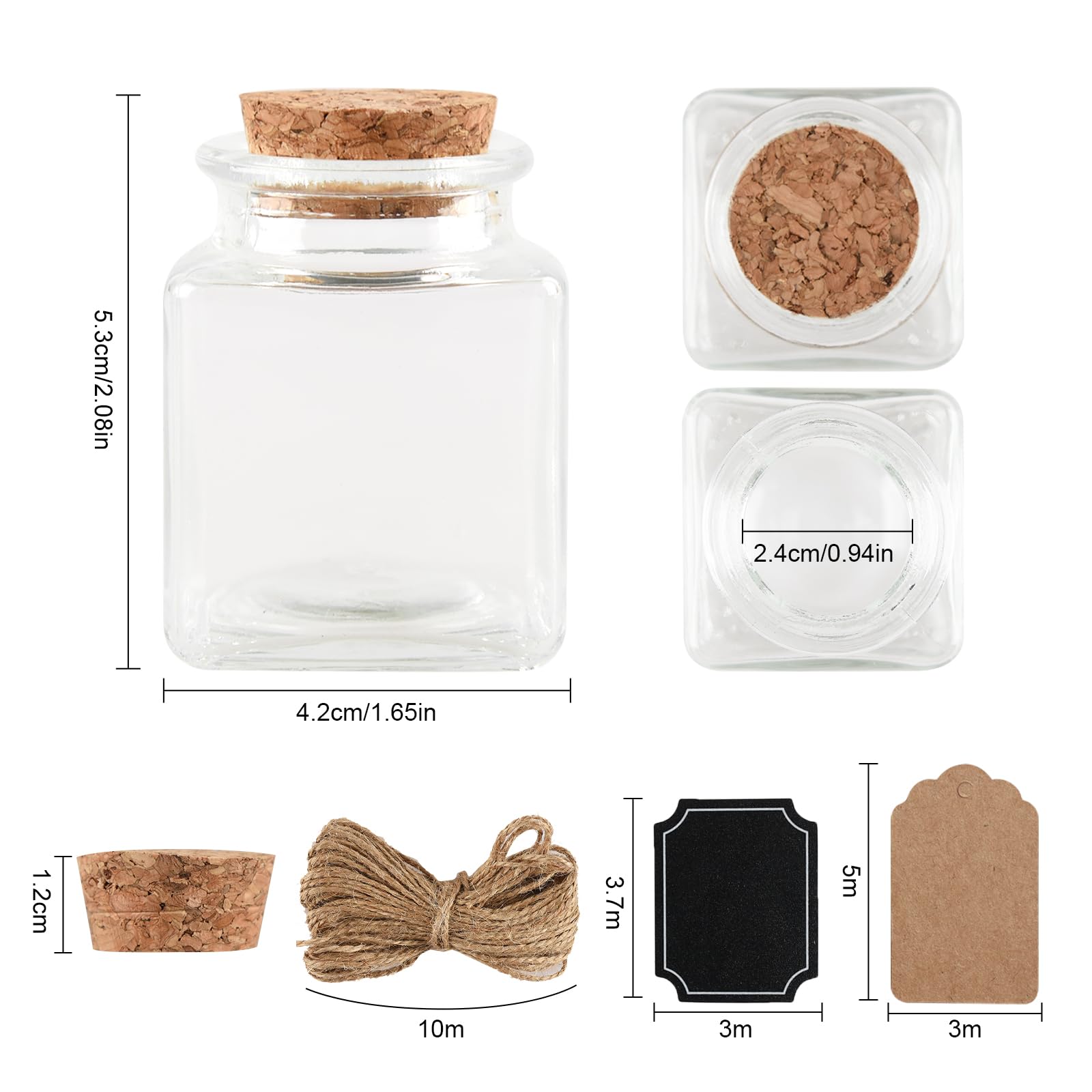20 Stück Mini Glasflaschen mit Korken - 50ml, Reagenzglas mit Korken, Quadratisch Kleine Glasflaschen zum Befüllen mit Etiketten und Schnur, für Hochzeitsgeschenke, Party, Taufe, Candy Bar