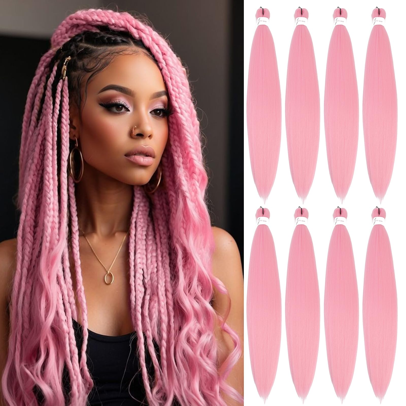 Pink Braiding Hair Pre Stretched, 26 Inch 8 Pack Long Prestretched Braiding Hair For Braid Women Hair, Professional Synthetic Hair For Knotless