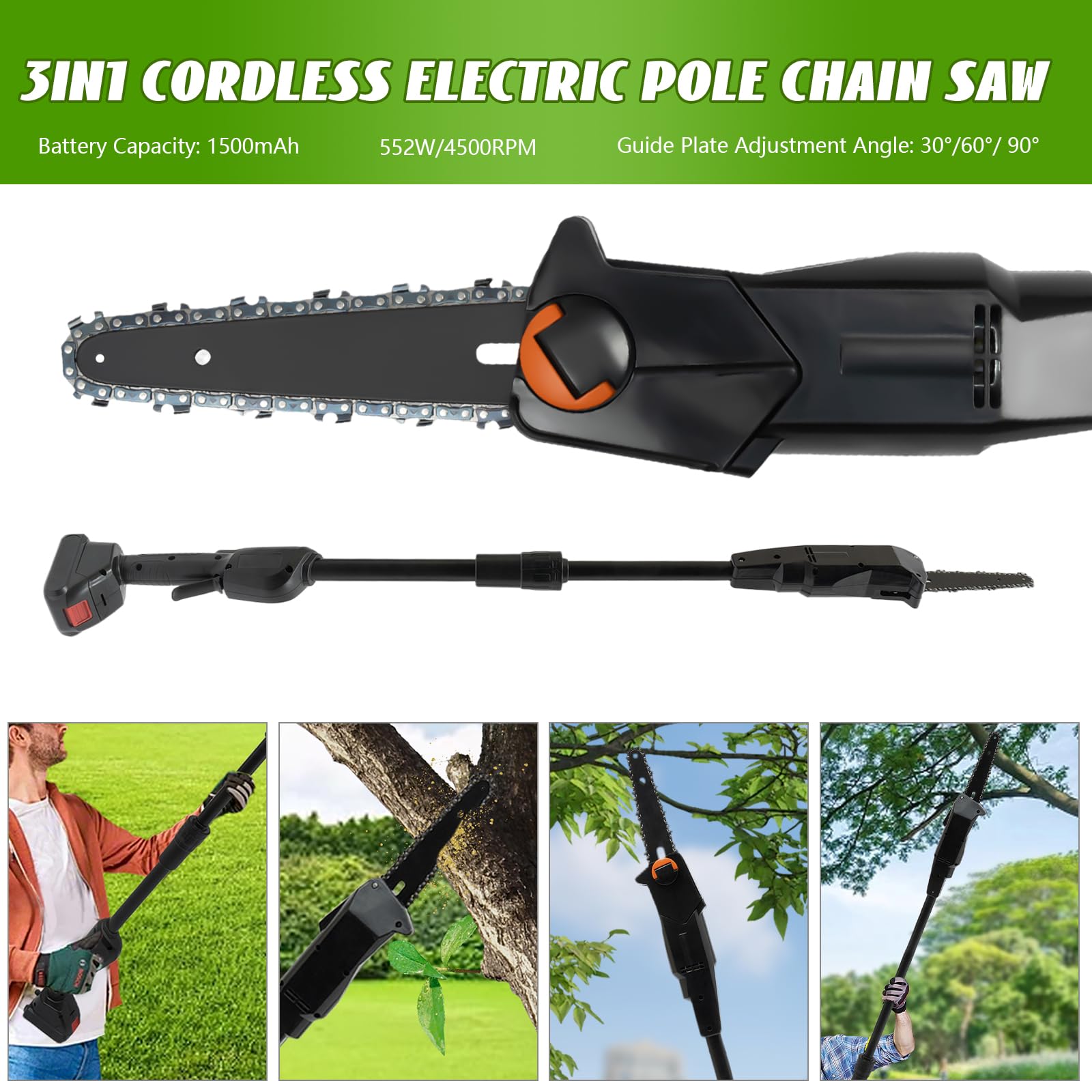 Batería podadora de hasta 1,25 m, 552 W, motor sin escobillas, 4500 rpm, 1200 m/min, sierra de podar profesional con batería de litio de 1500 mAh para cortar y podar ramas