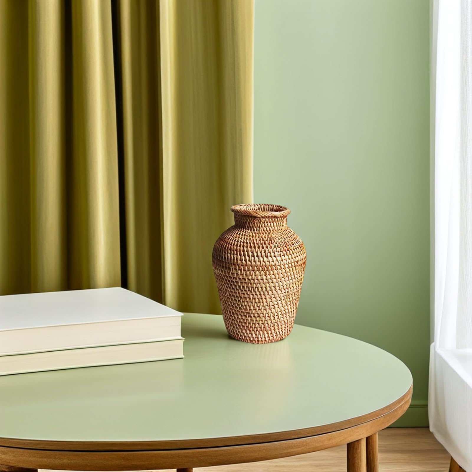 Vaso in Rattan Intrecciato Rustico da Tavolo, Centrotavola per Fiori Secchi e Composizioni Floreali, Decorazione per Matrimoni e Ambienti Interni