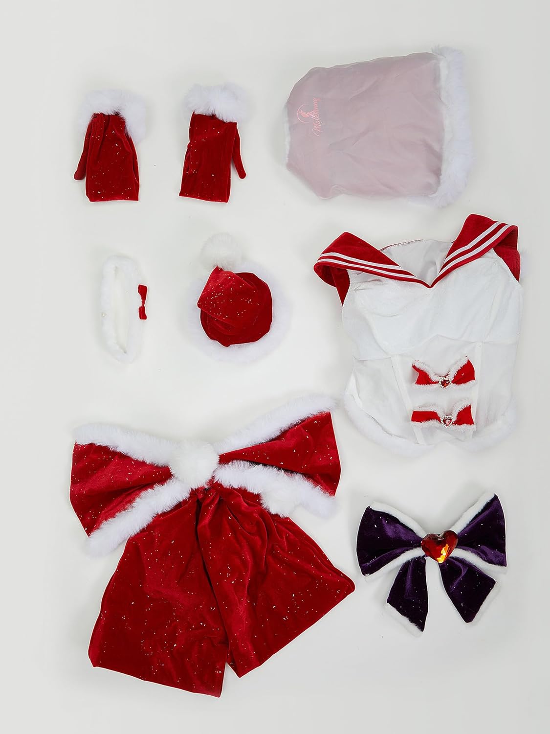 Mobbunny Women Christmas Anime Cosplay Costume Red Fluffy Dress Outfits with Cape and Santa Hat