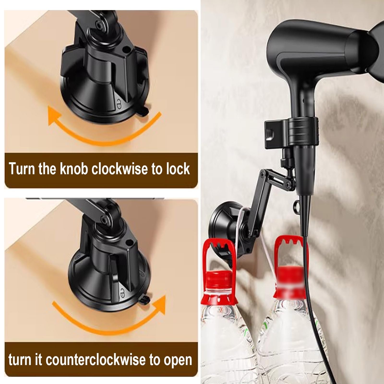 Föhn Halterung, Fönhalter mit Saugnapf, 360° Drehbar, Verstellbar und Klappbar, Kann an der Wand Oder auf Dem Tisch Montiert Werden, Geeignet for Badezimmer