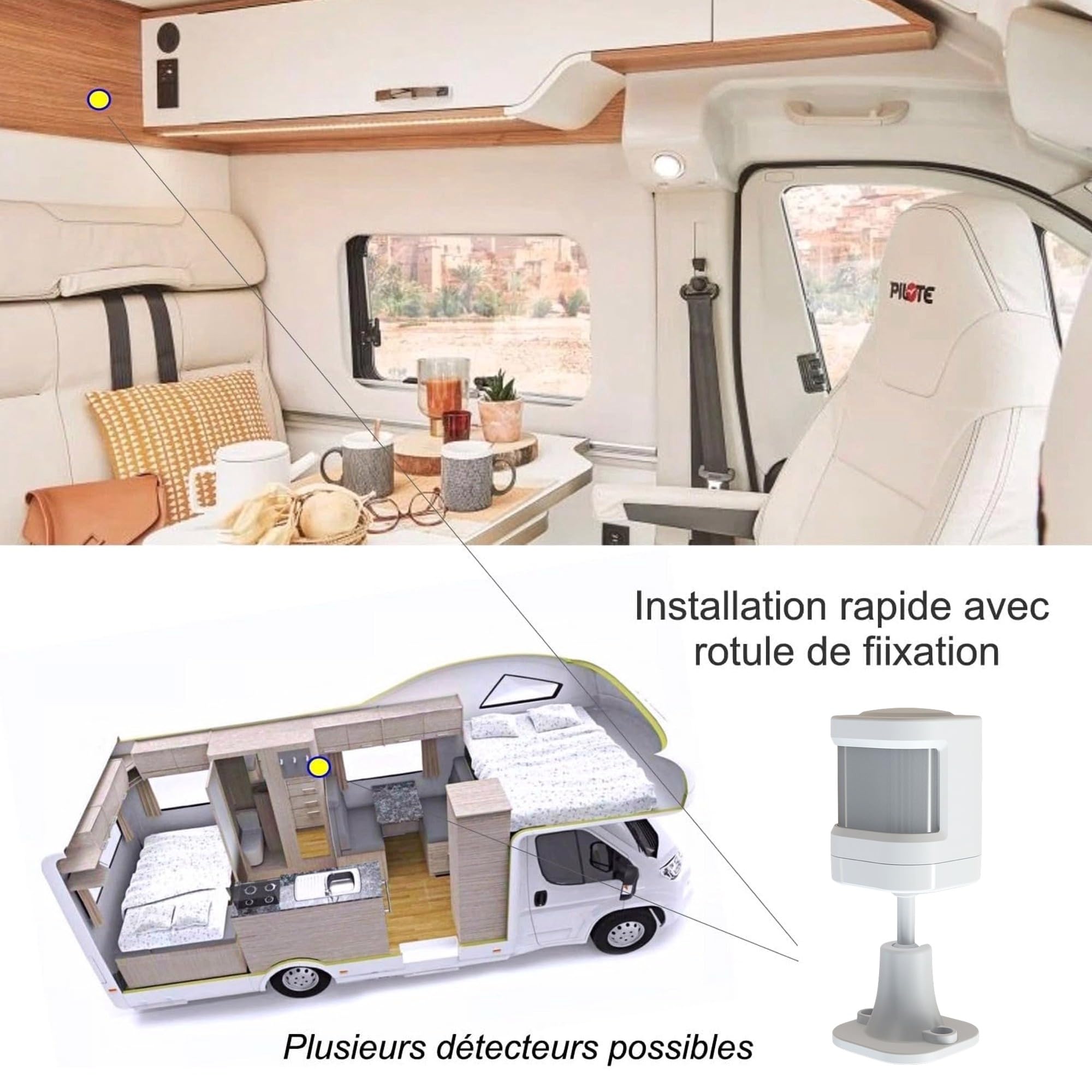 Alarme de Camping Car - 100% Autonome - Alimentation par Piles - Sirène Puissante avec 4 détecteurs d'ouverture et 1 Détecteur de Mouvement.