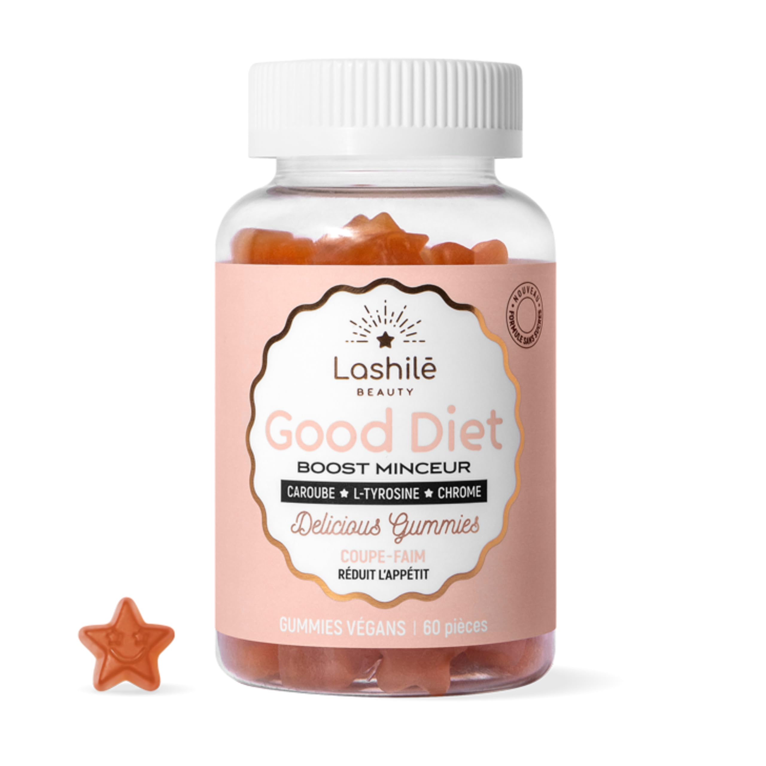 Lashilé Beauty - Gummies Coupe Faim - Coupe-Faim Puissant & Contrôle de l’Appétit - Good Diet - Complément alimentaire Minceur - Caroube Chrome L-Tyrosine - Cure 1 Mois 60 Gummies