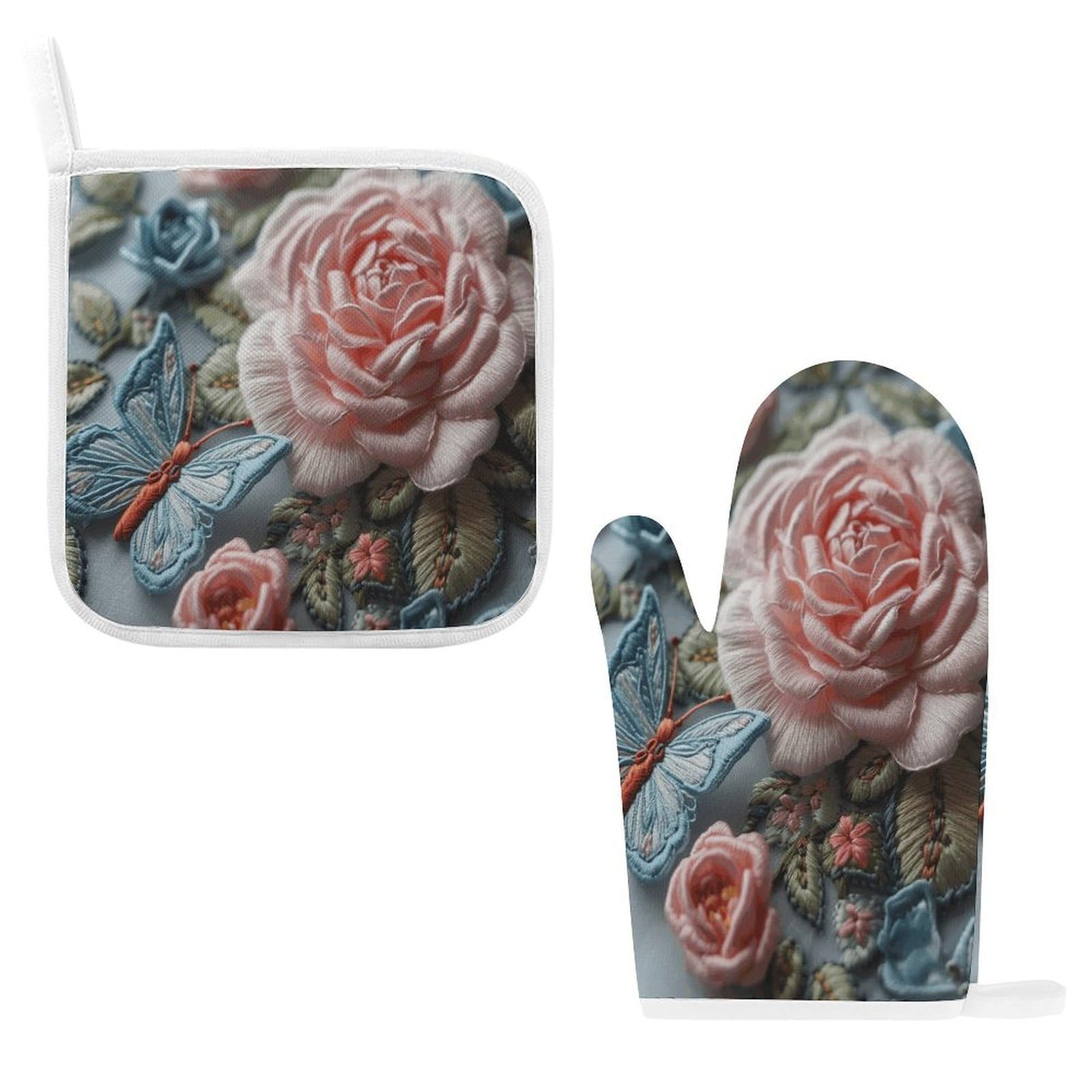 Fodpand Style Embroidered Pink Roses Oven Mitts And Pot Holders Sets