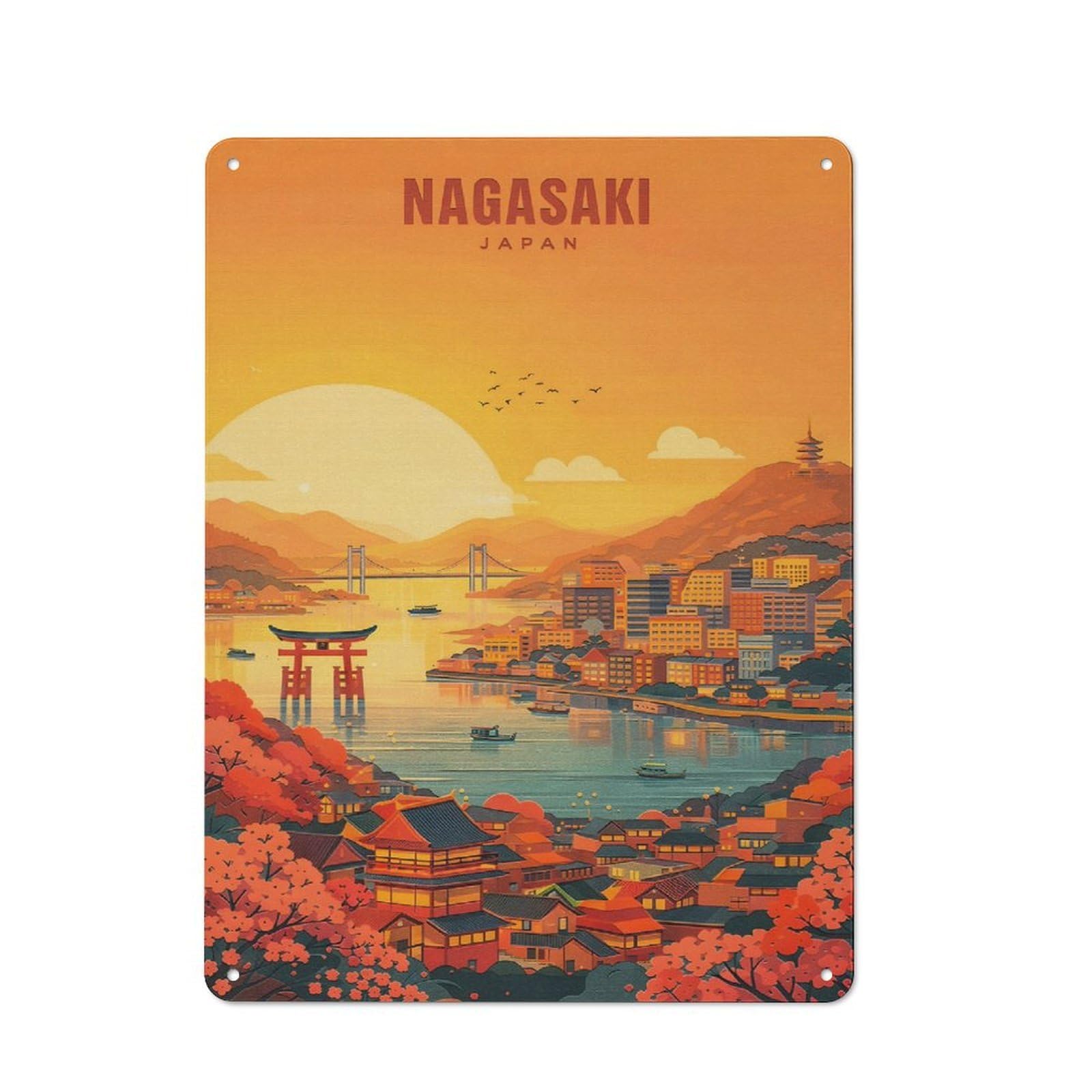 Nagasaki Japan Cityscape at Sunset Metal Wall Plaque 40x30cm, Character Room Wall Plaque for Hallway, Home Bar, Garage Or Study