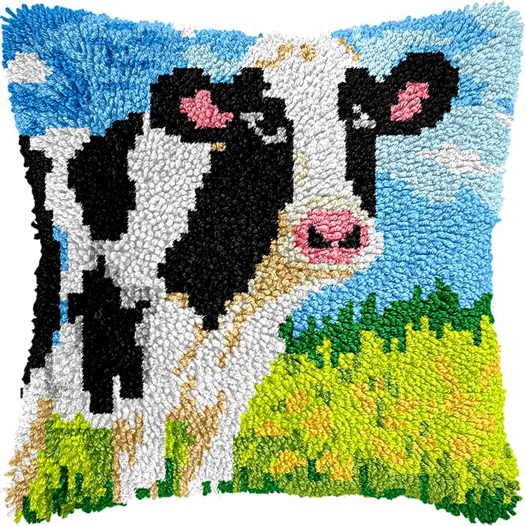 NAHUIGOOD Latch Hook Cushion Kits for Adults,Latch Hook Pillow Case Kits Embroidery Kits DIY Needlework Pillow Cover Sofa Cushion Rug Making Kits, DIY Craft Kits Dairy Cow 43X43Cm