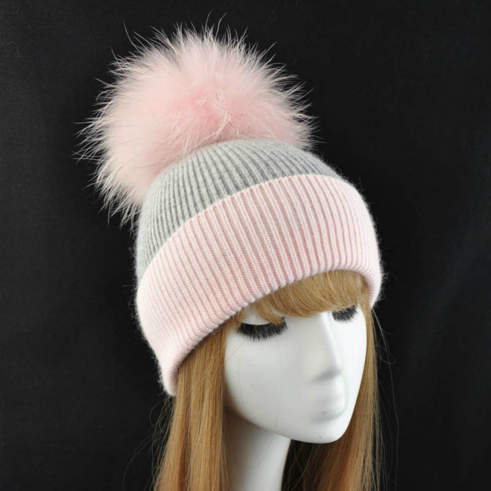 Sombrero de Cachemira con pompón de Color Gris y Rosa, tamaño a Elegir/Hat Fur Murmasky Pink Pom Raccoon Luxury