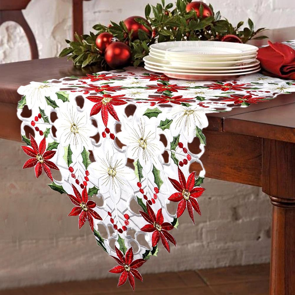 OurWarm Christmas Table Runner, Embroidered Table Runner Poinsettia Holly Leaf Xmas Table Linens for Wedding Table Decoration, Christmas Decorations 69x15 Inch