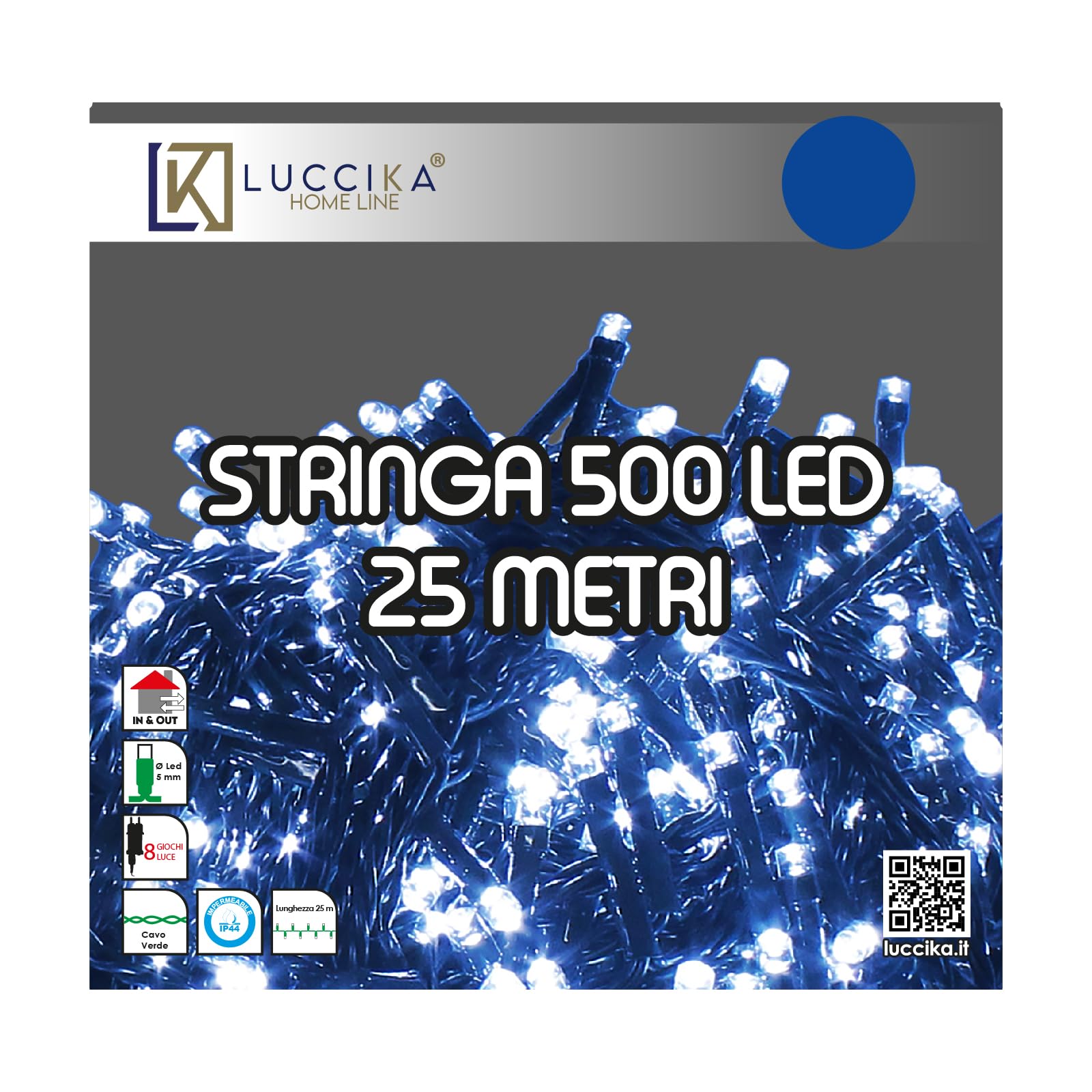 Luccika Guirlande LED Intérieur/Extérieur, 8 Modes d'Éclairage, Contrôleur 31V avec Mémoire, IP44 Étanche, Câble Vert, pour Noël, Fêtes et Décorations (Bleu, 25M 500LED)