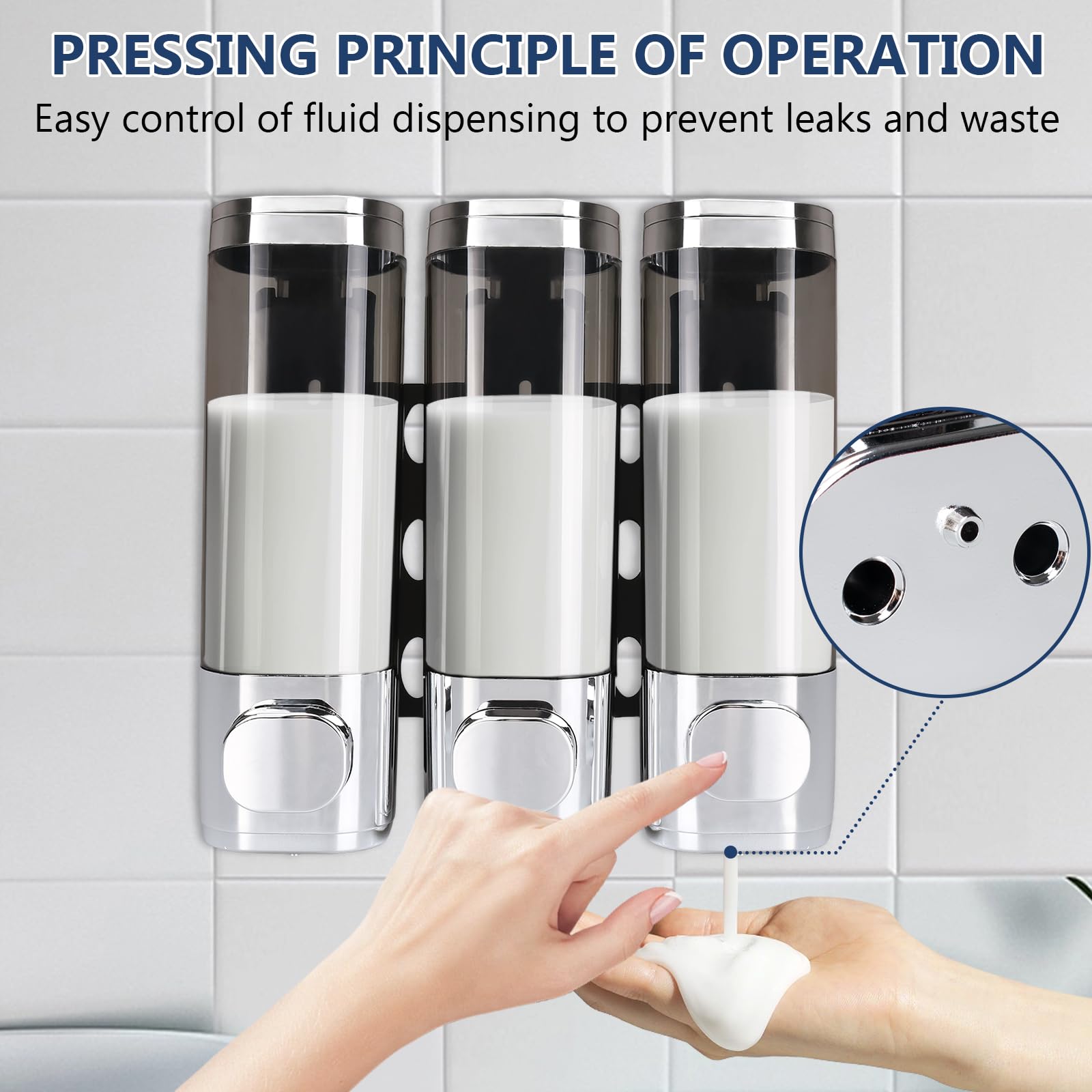 Dispenser di sapone 3 in 1 per bagno a parete, dispenser e organizer per doccia, 3 camere senza trapano, accessori per doccia per shampoo, balsamo, bagnoschiuma, bagno, cucina, hotel
